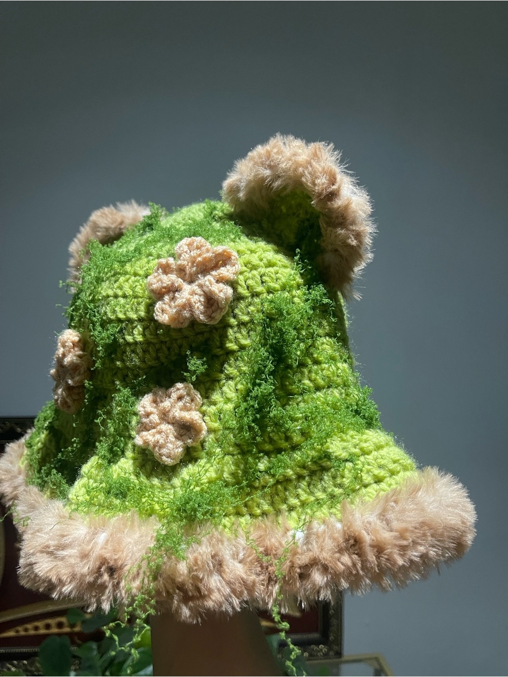 Handmade Green Crochet Bear Bucket Hat with Brown Faux Fur Trim and Flowers - Picture 2 of 3